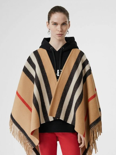 Shop Burberry Striped Wool Cape In Camel