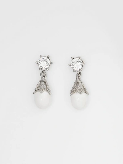 Shop Burberry Palladium-plated Faux Pearl Charm Earrings In White/palladium