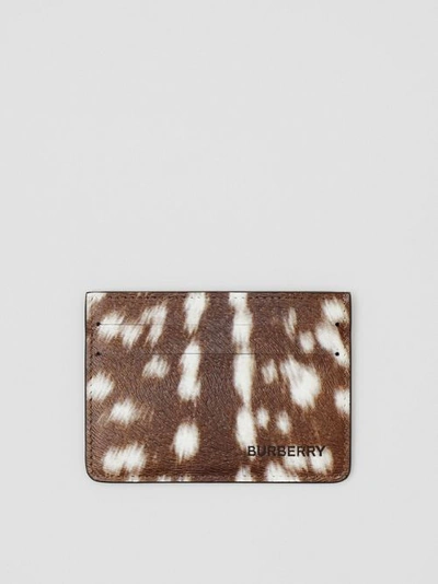 Shop Burberry Deer Print Leather Card Case In Tan/white