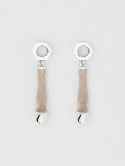 Shop Burberry Calf Hair And Palladium-plated Hoof Drop Earrings In Palladium/honey