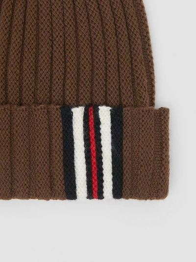 Shop Burberry Stripe Detail Rib Knit Wool Beanie In Brown
