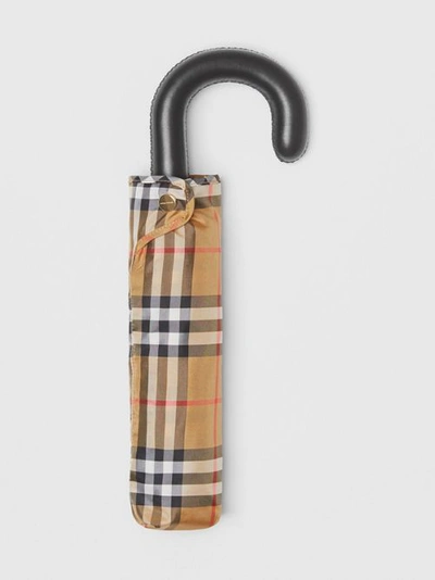 Shop Burberry Vintage Check Folding Umbrella In Antique Yellow/black