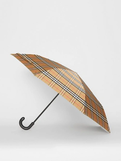 Shop Burberry Vintage Check Folding Umbrella In Antique Yellow/black