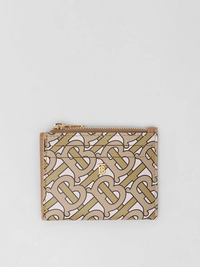 Shop Burberry Monogram Print Leather Zip Card Case In Beige