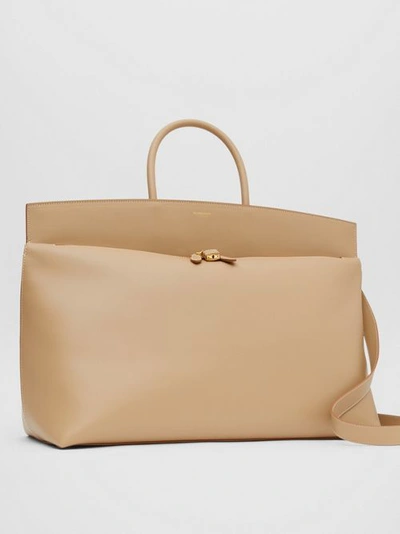 Shop Burberry Extra Large Leather Society Top Handle Bag In Honey