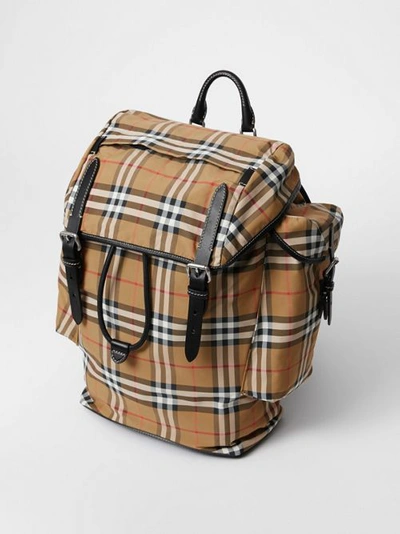 Shop Burberry Vintage Check And Leather Backpack In Antique Yellow