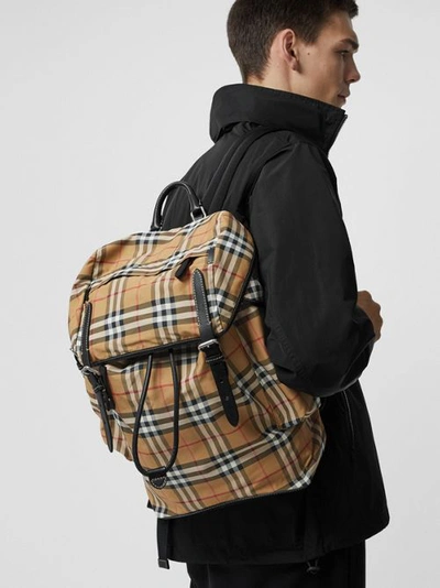 Shop Burberry Vintage Check And Leather Backpack In Antique Yellow