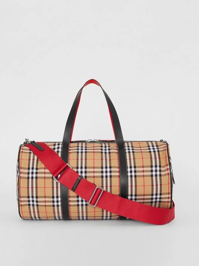 Shop Burberry Large Vintage Check And Leather Barrel Bag In Military Red