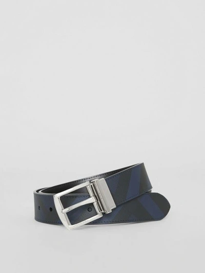 Shop Burberry Reversible London Check And Leather Belt In Navy/black