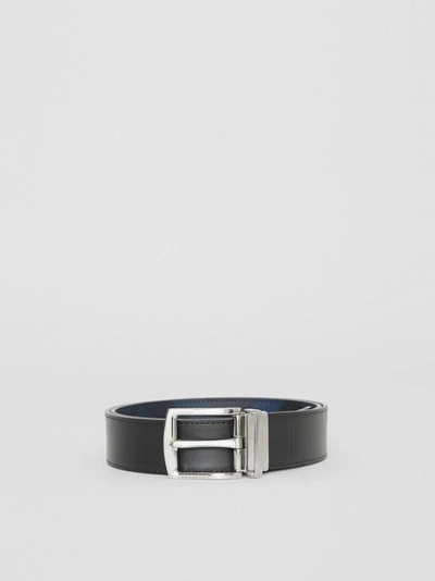 Shop Burberry Reversible London Check And Leather Belt In Navy/black