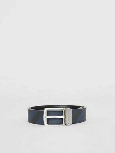Shop Burberry Reversible London Check And Leather Belt In Navy/black