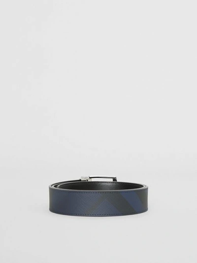 Shop Burberry Reversible London Check And Leather Belt In Navy/black