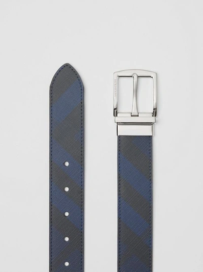 Shop Burberry Reversible London Check And Leather Belt In Navy/black