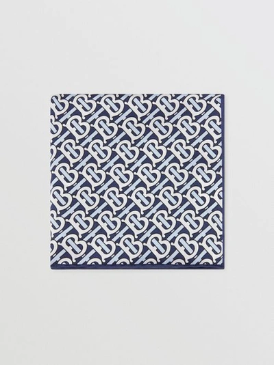 Shop Burberry Monogram Print Silk Satin Pocket Square In Cobalt Blue