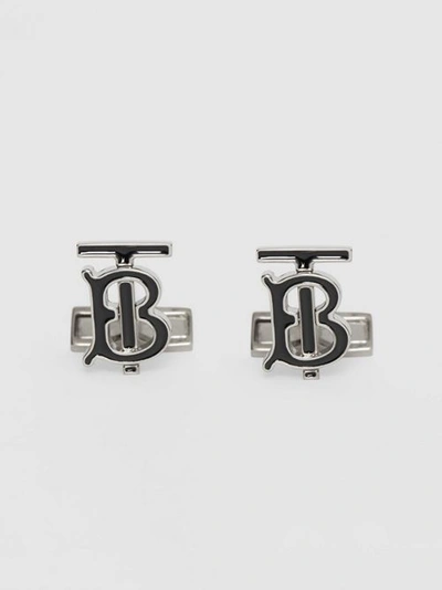 Shop Burberry Monogram Motif Enamel And Palladium-plated Cuffl In Black/palladium