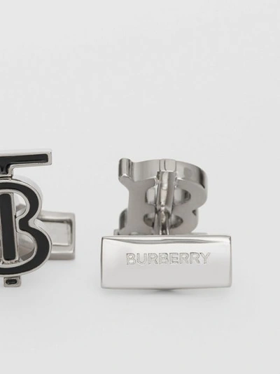 Shop Burberry Monogram Motif Enamel And Palladium-plated Cuffl In Black/palladium