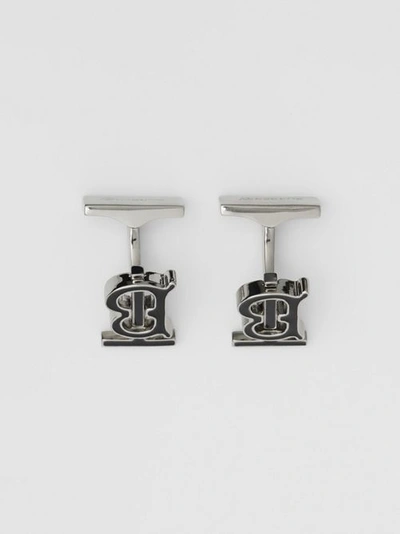 Shop Burberry Monogram Motif Enamel And Palladium-plated Cuffl In Black/palladium