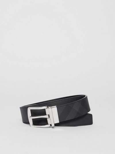 Shop Burberry Reversible London Check And Leather Belt In Dark Charcoal/black