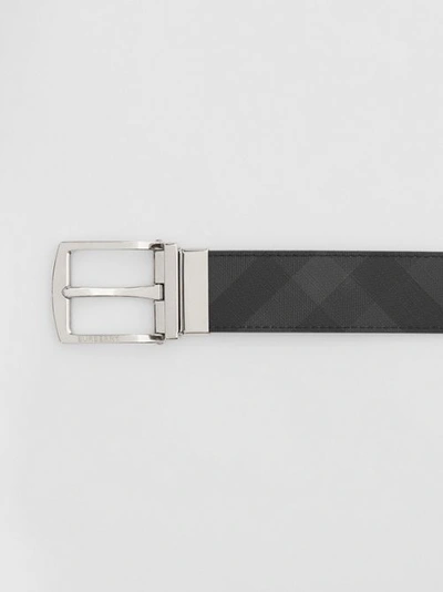 Shop Burberry Reversible London Check And Leather Belt In Dark Charcoal/black