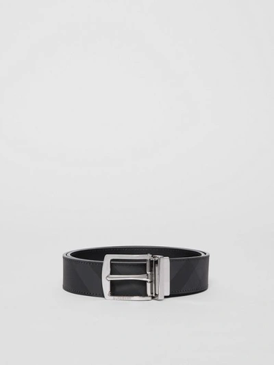 Shop Burberry Reversible London Check And Leather Belt In Dark Charcoal/black