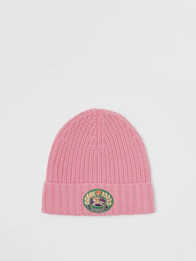 Shop Burberry Embroidered Crest Rib Knit Wool Cashmere Beanie In Rose Pink