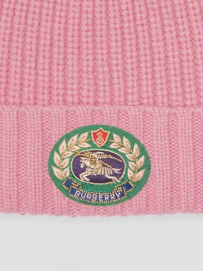 Shop Burberry Embroidered Crest Rib Knit Wool Cashmere Beanie In Rose Pink