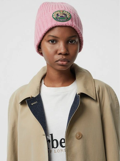 Shop Burberry Embroidered Crest Rib Knit Wool Cashmere Beanie In Rose Pink