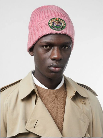 Shop Burberry Embroidered Crest Rib Knit Wool Cashmere Beanie In Rose Pink