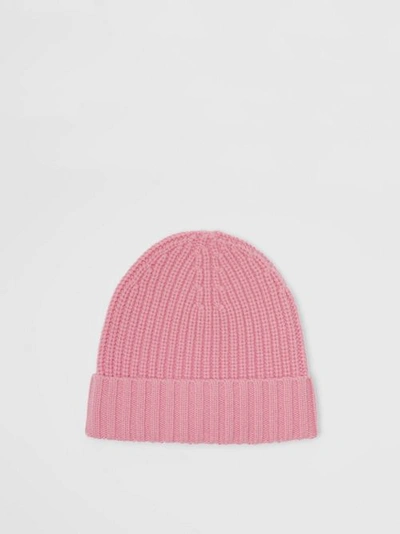 Shop Burberry Embroidered Crest Rib Knit Wool Cashmere Beanie In Rose Pink