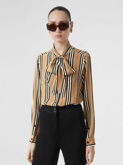 Shop Burberry Logo Print Icon Stripe Silk Chiffon Pussy-bow Blouse In Archive Beige