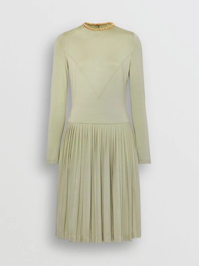 Shop Burberry Chain Detail Pleated Stretch Silk And Crepe Dress In Pale Apple