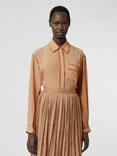 Shop Burberry Crystal Detail Silk Oversized Shirt In Camel
