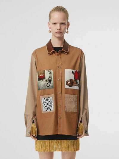 Shop Burberry Double Collar Montage Print Cotton Jacket In Caramel