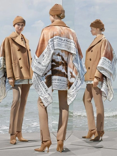 Shop Burberry Mariner Print Blanket Detail Technical Wool Pea Coat In Warm Camel