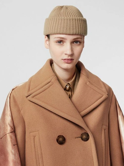 Shop Burberry Mariner Print Blanket Detail Technical Wool Pea Coat In Warm Camel