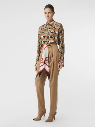 Shop Burberry Cut-out Detail Icon Stripe Silk Oversized Shirt In Archive Beige