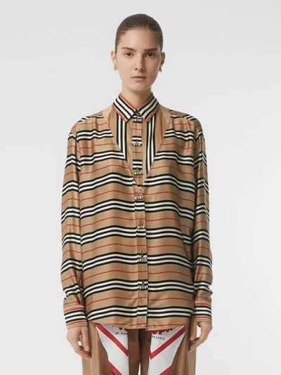 Shop Burberry Cut-out Detail Icon Stripe Silk Oversized Shirt In Archive Beige