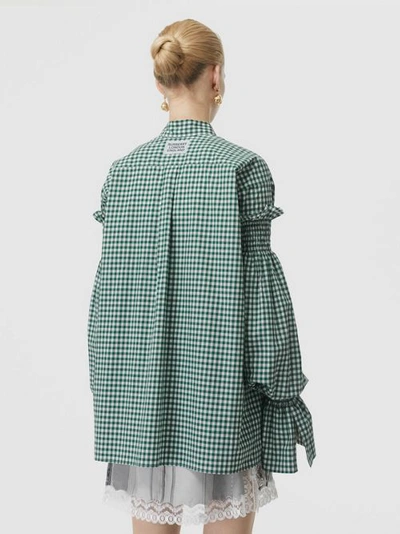 Shop Burberry Puff-sleeve Gingham Cotton Oversized Shirt In White/green