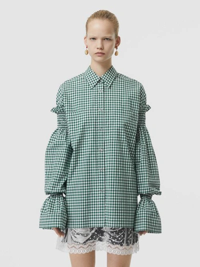 Shop Burberry Puff-sleeve Gingham Cotton Oversized Shirt In White/green