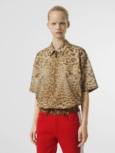 Shop Burberry Short-sleeve Animal Print Cotton Oversized Shirt In Beige