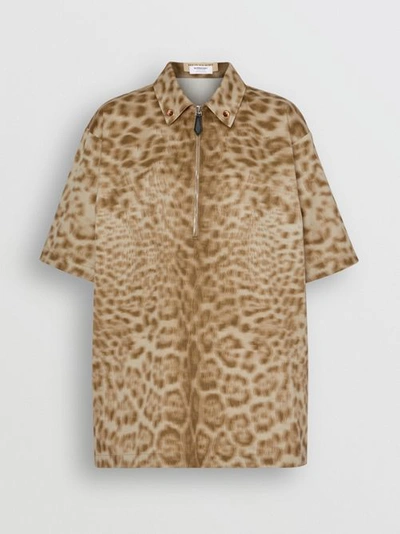 Shop Burberry Short-sleeve Animal Print Cotton Oversized Shirt In Beige