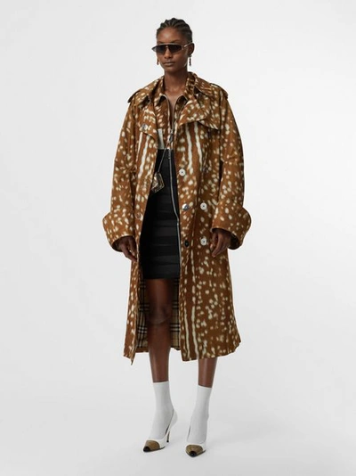 Shop Burberry Exaggerated Cuff Deer Print Nylon Trench Coat In Honey