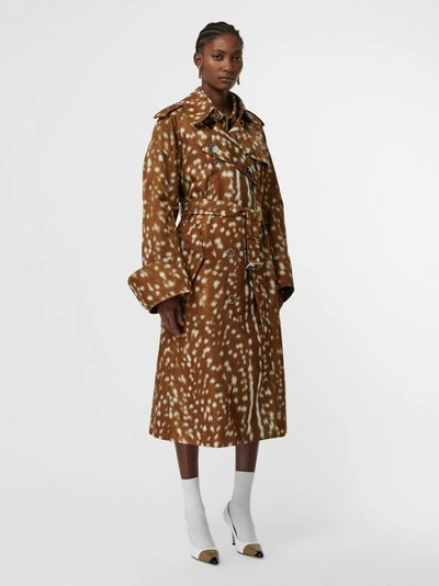 Shop Burberry Exaggerated Cuff Deer Print Nylon Trench Coat In Honey