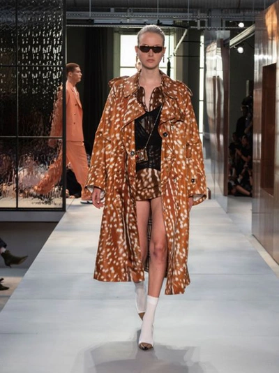 Shop Burberry Exaggerated Cuff Deer Print Nylon Trench Coat In Honey