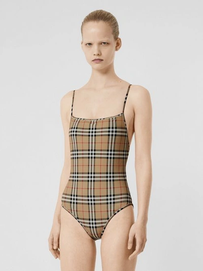 Shop Burberry Check Swimsuit In Archive Beige