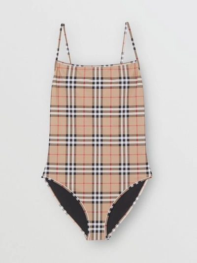 Shop Burberry Check Swimsuit In Archive Beige