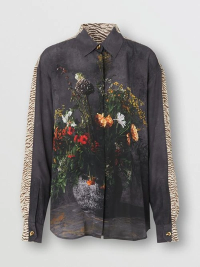 Shop Burberry Floral And Tiger Print Silk Oversized Shirt In Black