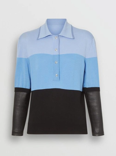 Shop Burberry Long-sleeve Lambskin Detail Wool Polo Shirt In Blue