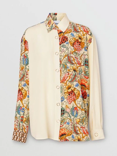 Shop Burberry Floral Print Panel Silk Oversized Shirt In Vanilla
