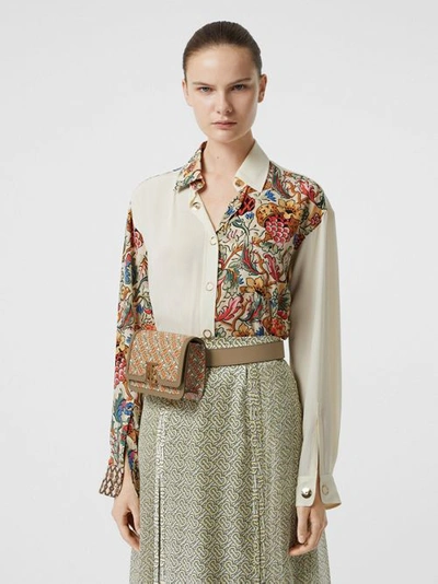 Shop Burberry Floral Print Panel Silk Oversized Shirt In Vanilla